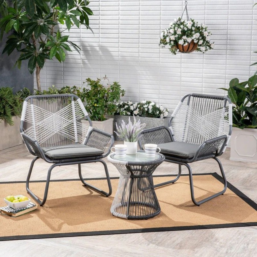 Outdoor Lounge Furniture * | Gdfstudio Gdf Studio 3-Piece Ava Outdoor Rope And Steel Chat Set, Gray Finish And White