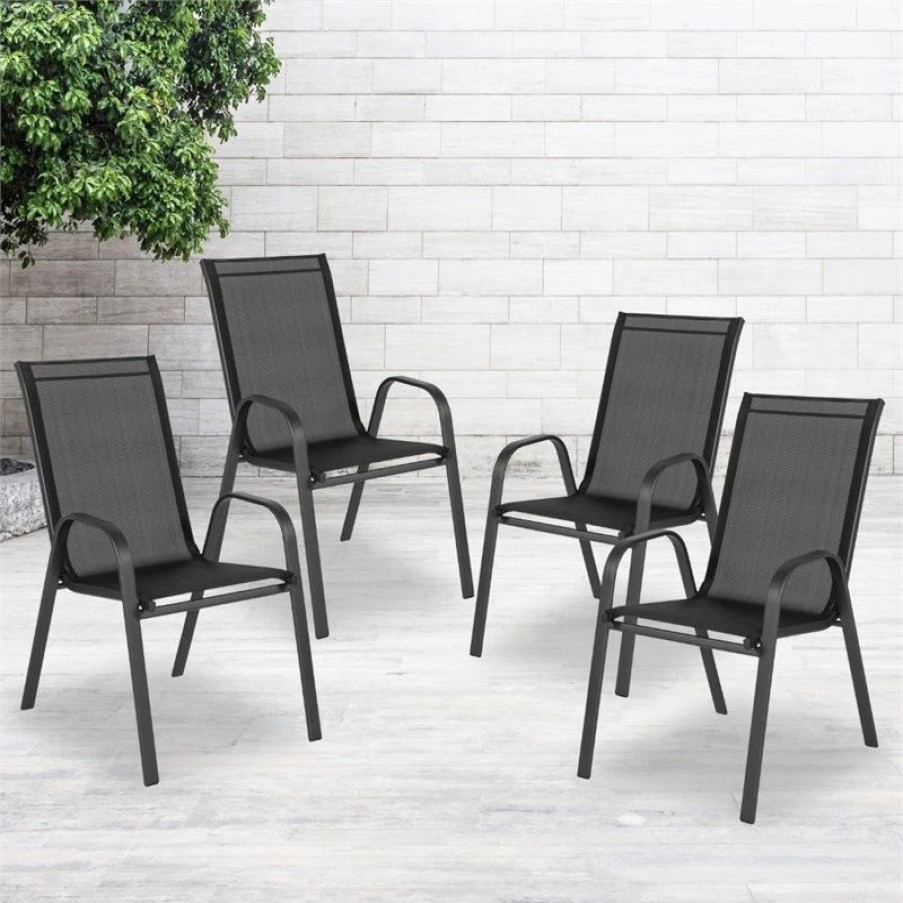 Outdoor Chairs * | Flash Furniture Brazos Series Black Outdoor Metal Frame Stack Chair (Set Of 4)