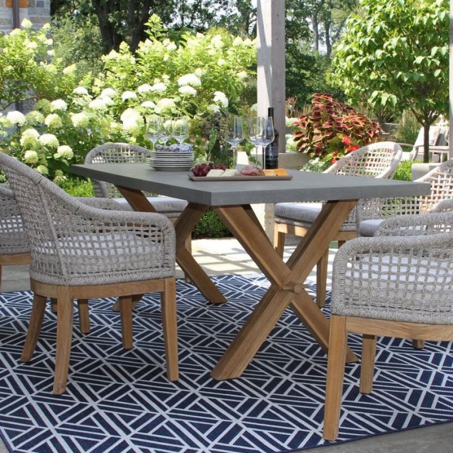 Outdoor Dining Furniture * | Outdoor Interiors 7-Piece Teak, Composite And Rope Rectangle Dining Set With Sunbrella Cushions