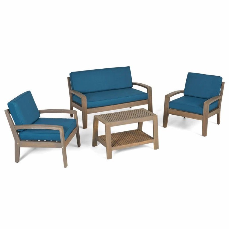 Outdoor Lounge Furniture * | Gdfstudio Gdf Studio 4-Piece Parma Outdoor Wood Chat Set, Gray Finish/Teal