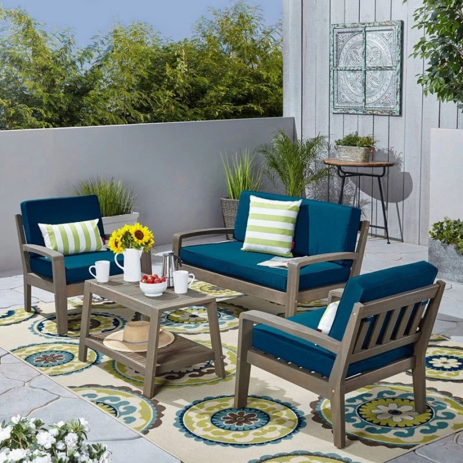 Outdoor Lounge Furniture * | Gdfstudio Gdf Studio 4-Piece Parma Outdoor Wood Chat Set, Gray Finish/Teal