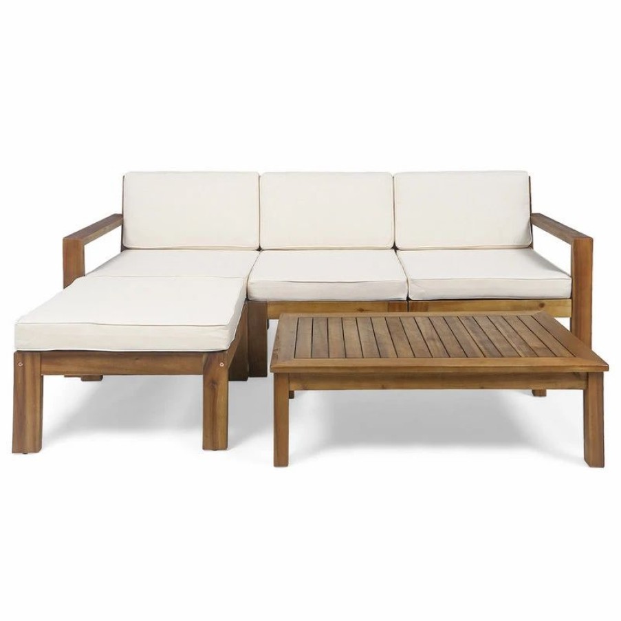 Outdoor Lounge Furniture * | Gdfstudio Makayla Ana Outdoor 3 Seater Acacia Wood Sofa Sectional With Cushions, Cream