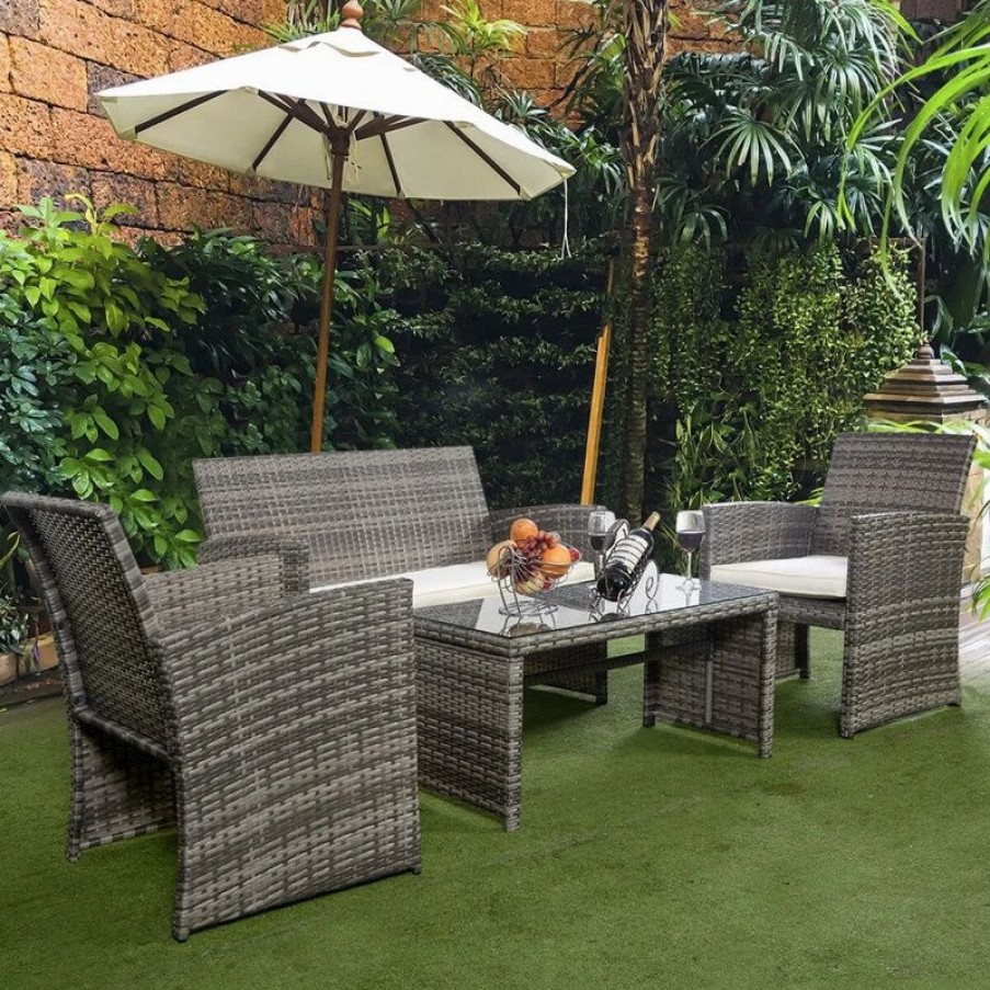 Outdoor Lounge Furniture * | Costway 4 Pc Rattan Patio Furniture Set Garden Sofa Cushioned Seat Mix Gray