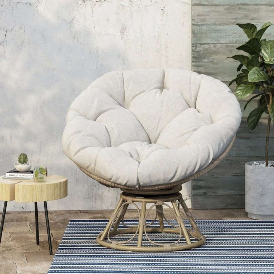 Outdoor Lounge Furniture * | Gdfstudio Syosset Outdoor Papasan Swivel Chair, Water Resistant Cushion, Light Brown/Beige