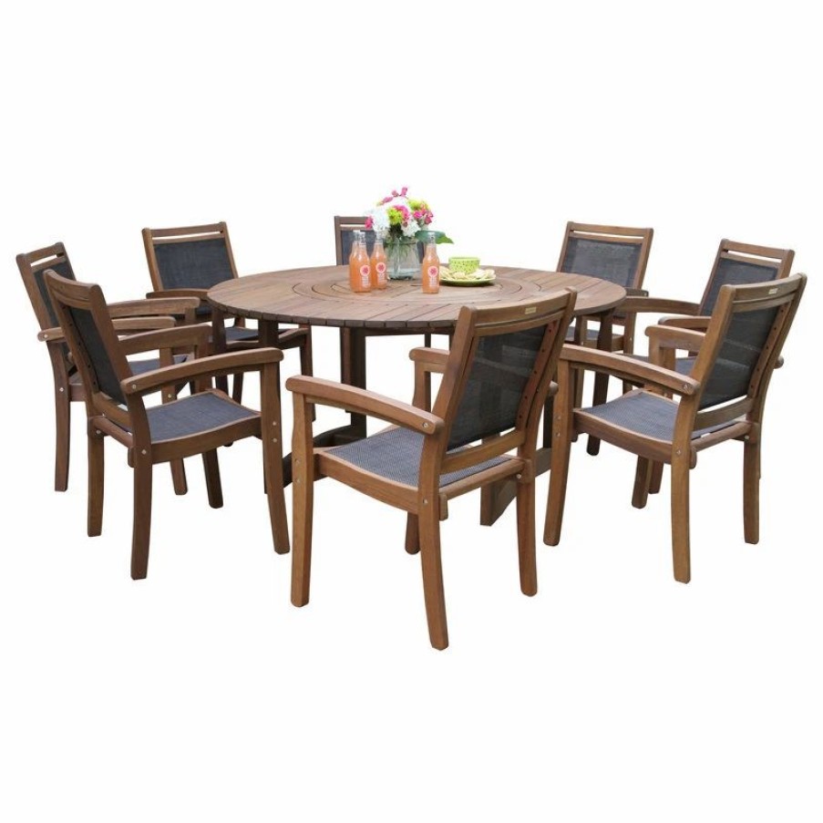 Outdoor Dining Furniture * | Outdoor Interiors 9-Piece Eucalyptus Round Lazy Susan Dining Set With 8 Stacking Sling Armchairs