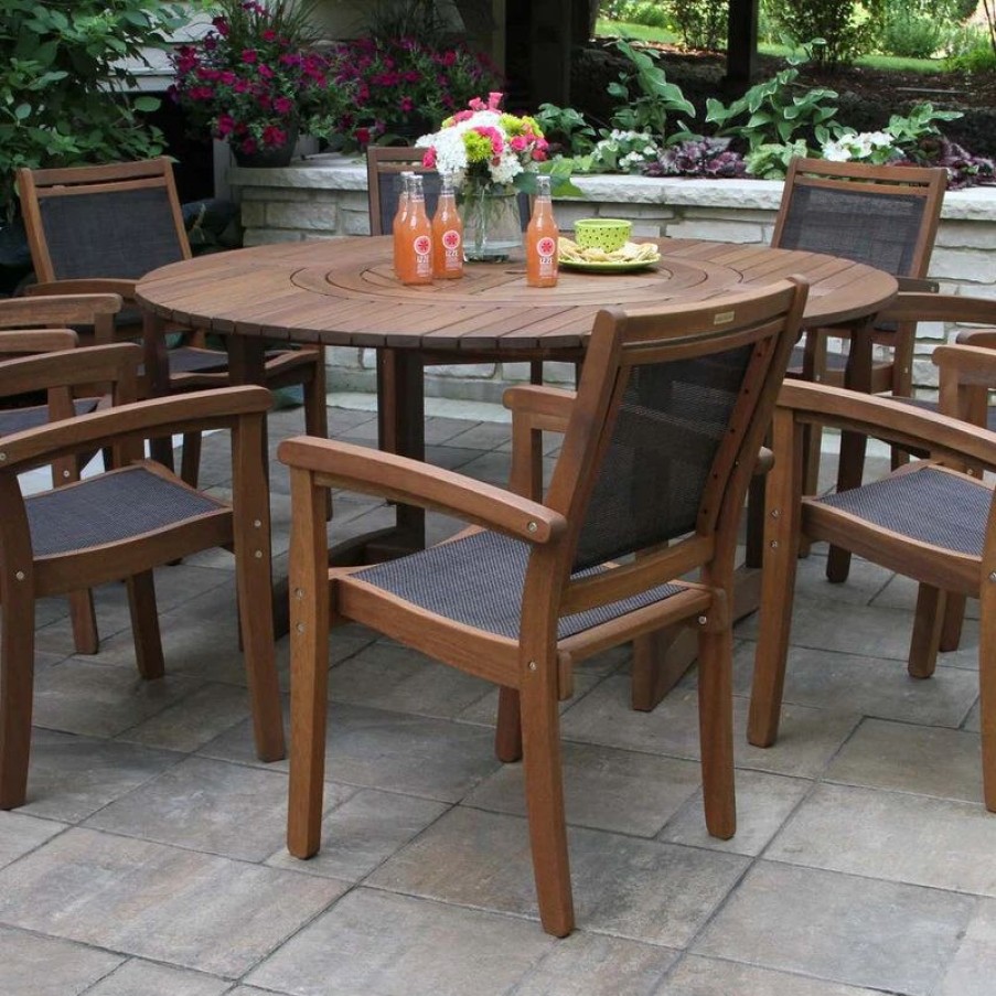 Outdoor Dining Furniture * | Outdoor Interiors 9-Piece Eucalyptus Round Lazy Susan Dining Set With 8 Stacking Sling Armchairs