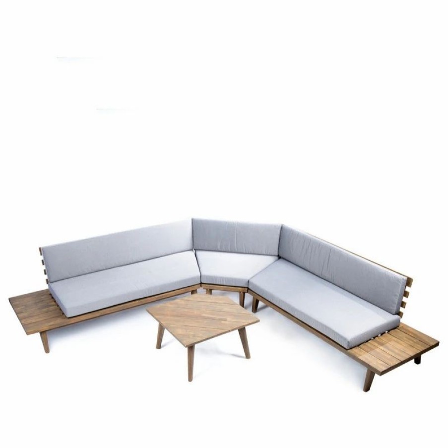 Outdoor Lounge Furniture * | Gdfstudio Adelia Outdoor Acacia Wood 5 Seater Sectional Sofa Set With Cushions, Gray Finis