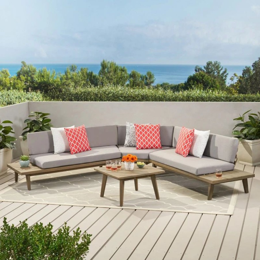 Outdoor Lounge Furniture * | Gdfstudio Adelia Outdoor Acacia Wood 5 Seater Sectional Sofa Set With Cushions, Gray Finis