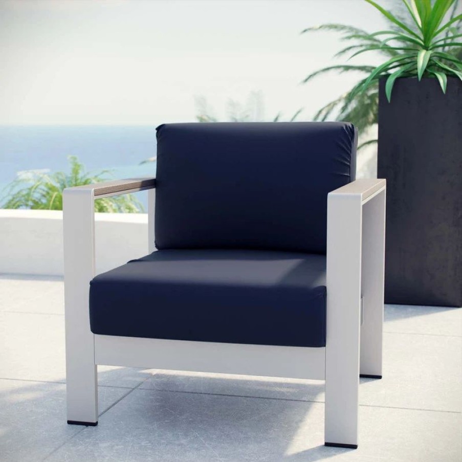 Outdoor Lounge Furniture * | Lexmod Shore Outdoor Aluminum Armchair, Silver Navy