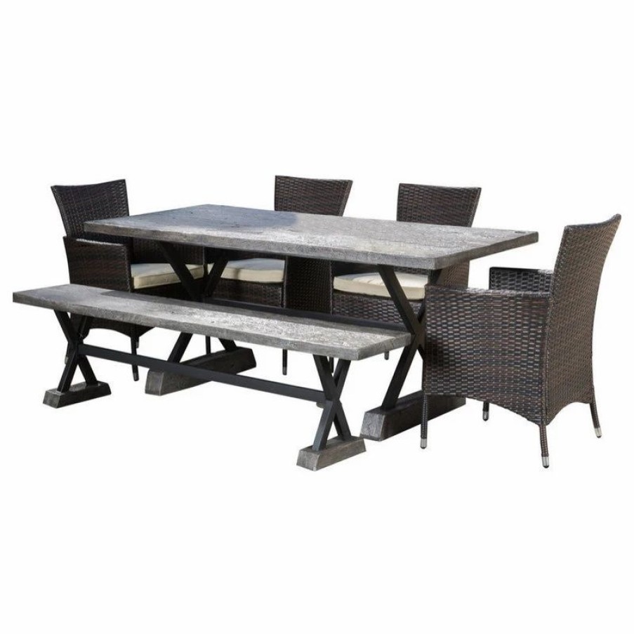 Outdoor Dining Furniture * | Gdfstudio Gdf Studio Numana Outdoor 6 Piece Lightweight Concrete Dining Set With Bench