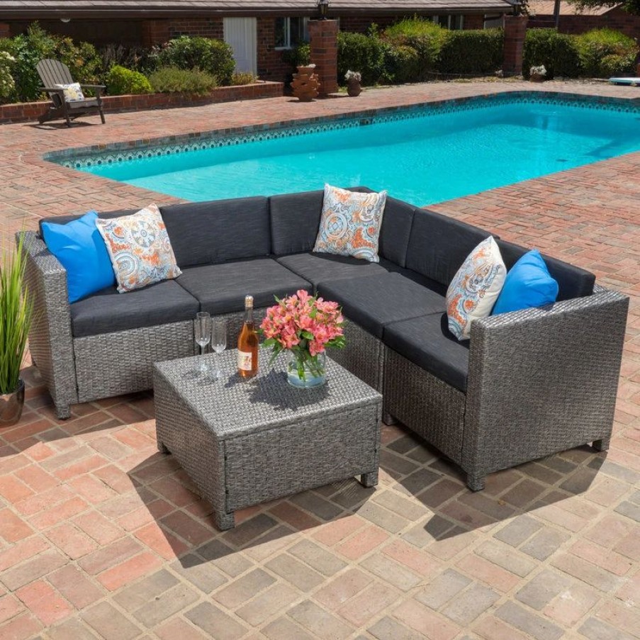 Outdoor Lounge Furniture * | Gdfstudio Gdf Studio Valona Outdoor Wicker V Shaped Sectional Sofa Set, Dark Gray