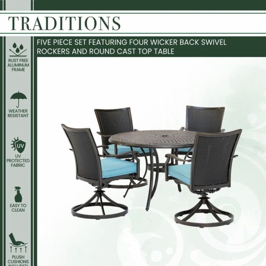 Outdoor Dining Furniture * | Hanover Traditions 5-Piece Dining Set, Blue, Cast-Top Table