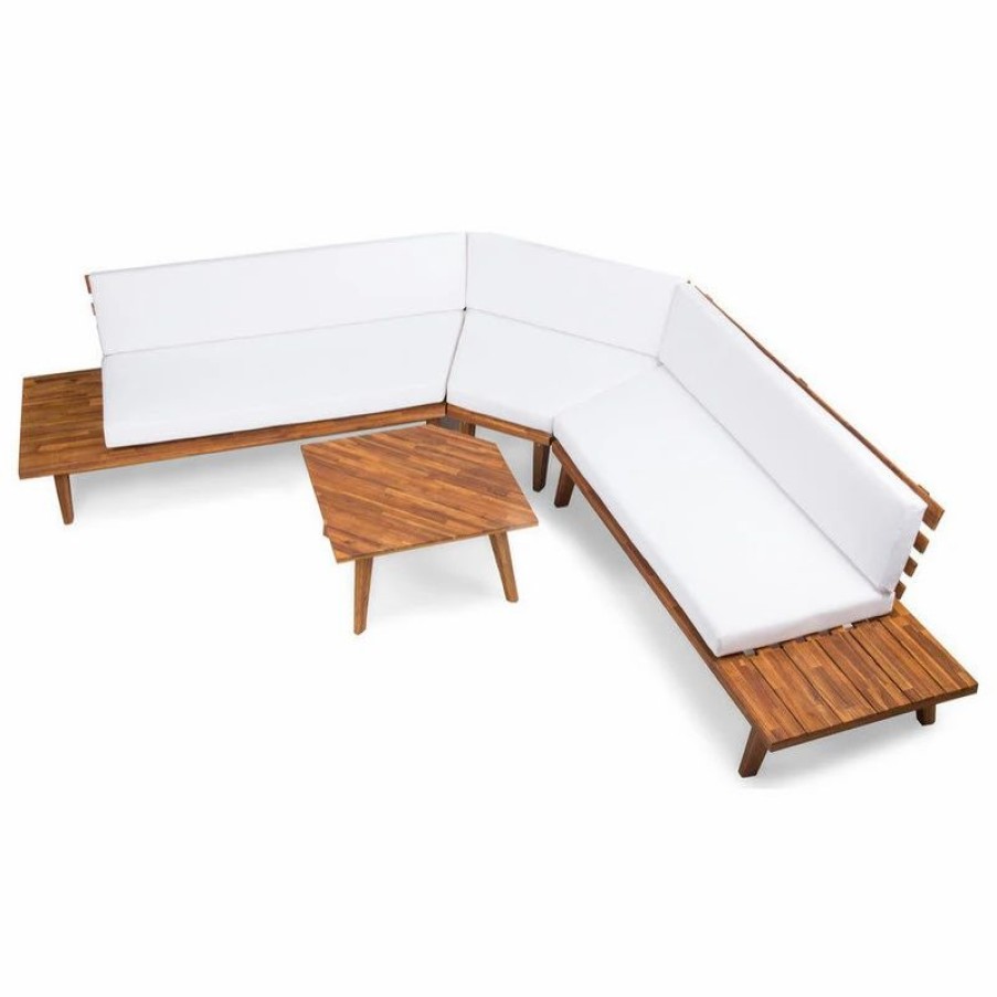 Outdoor Lounge Furniture * | Gdfstudio Adelia Outdoor Acacia Wood 5 Seater Sectional Sofa Set With Cushions, Sandblast