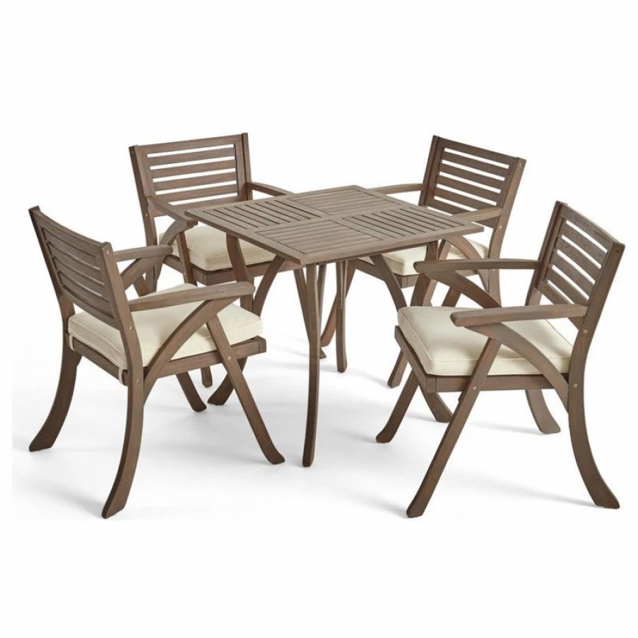 Outdoor Dining Furniture * | Gdfstudio Deandra Outdoor 5-Piece Wood Dining With Cushions Set, Gray Finish/Creme