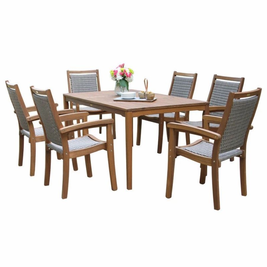 Outdoor Dining Furniture * | Outdoor Interiors 7-Piece Eucalyptus And Wicker Stacking Armchair Rectangle Dining Set