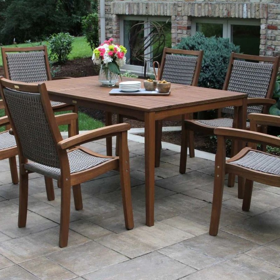 Outdoor Dining Furniture * | Outdoor Interiors 7-Piece Eucalyptus And Wicker Stacking Armchair Rectangle Dining Set