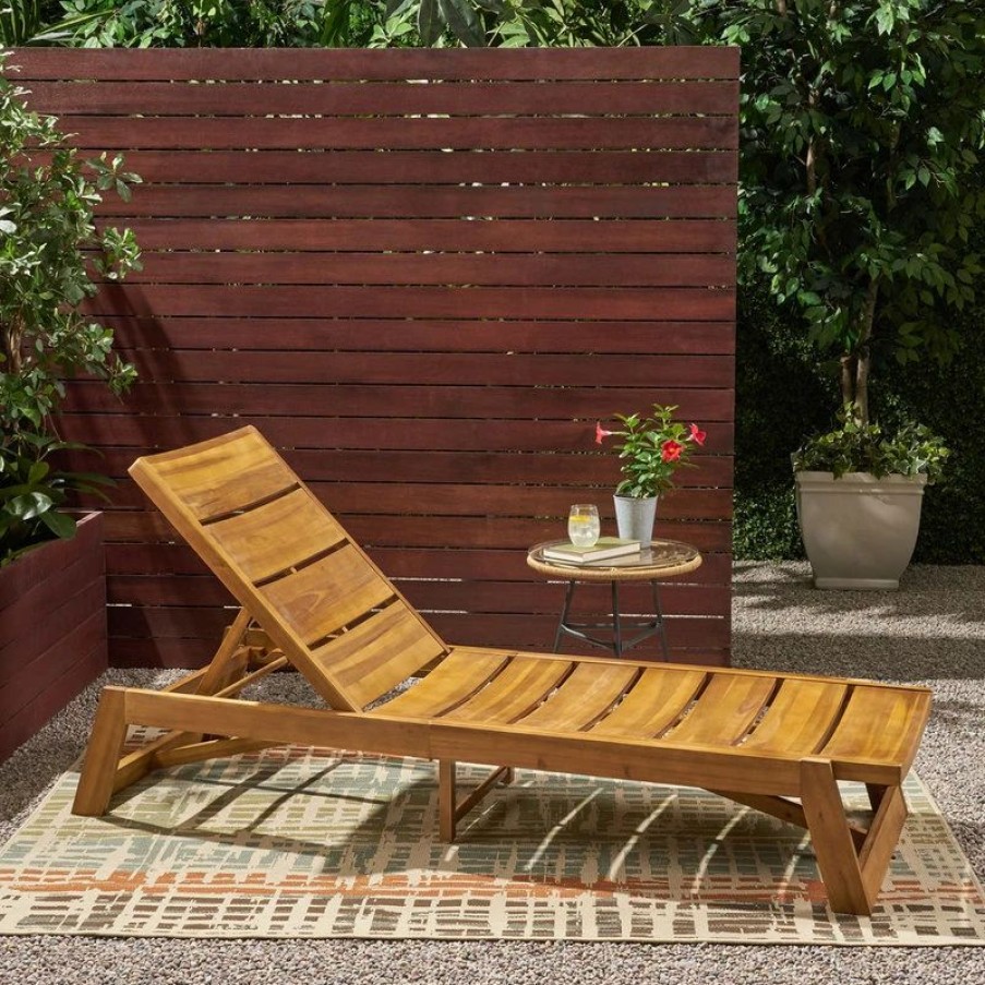 Outdoor Chairs * | Gdfstudio Lillian Outdoor Wood And Iron Chaise Lounge, Teak Finish, Yellow