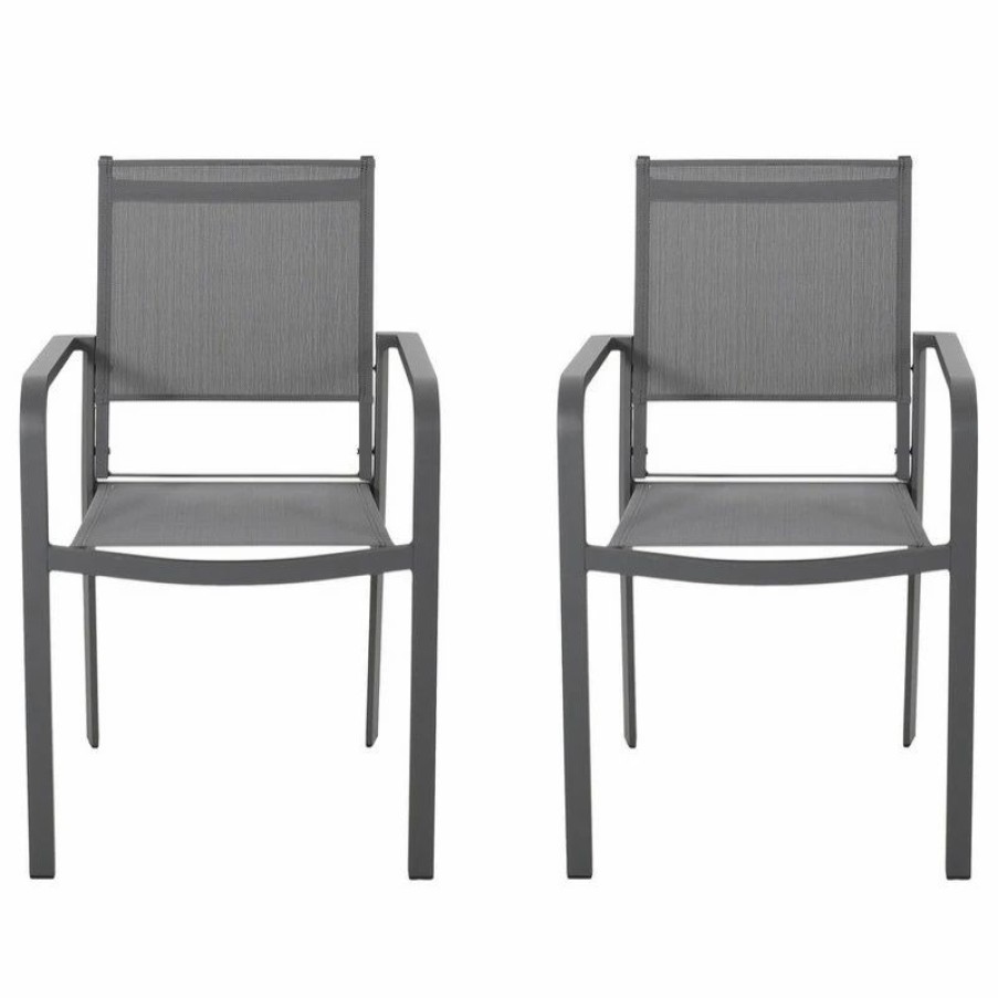 Outdoor Chairs * | Gdfstudio Angelo Outdoor Modern Dining Chair With Mesh Seat, Set Of 2, Gun Metal Gray