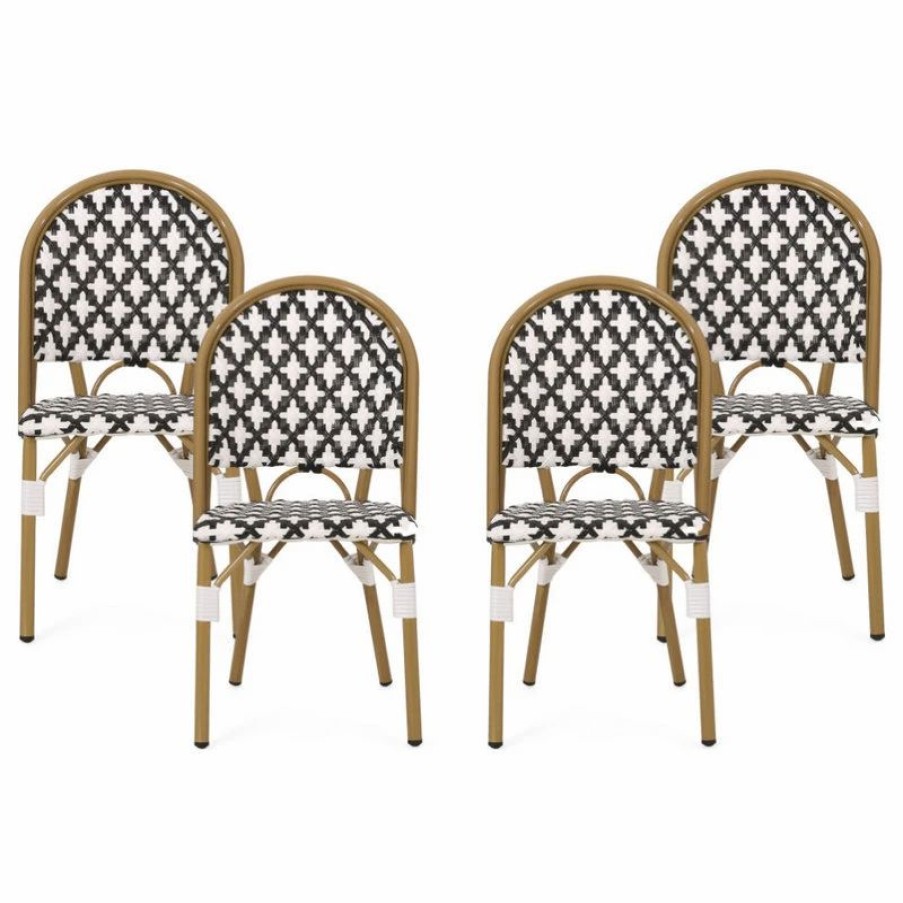 Outdoor Chairs * | Gdfstudio Bronson Outdoor French Bistro Chair, Set Of 4, Black/White/Bamboo Print Finish