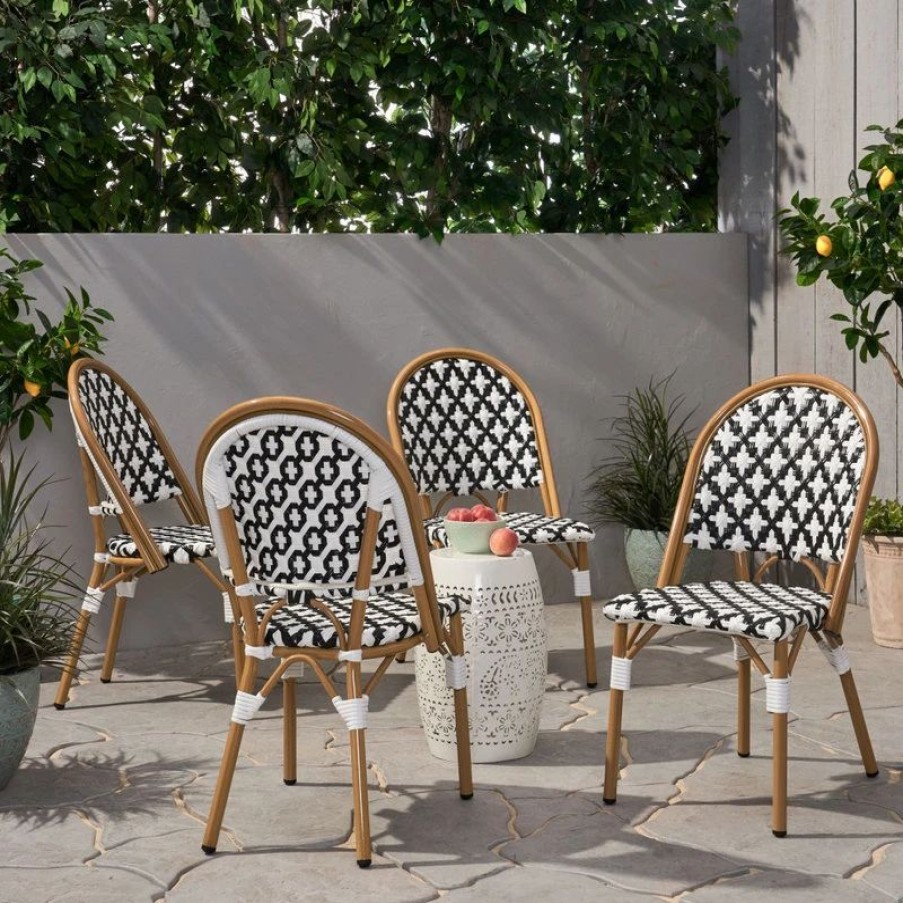 Outdoor Chairs * | Gdfstudio Bronson Outdoor French Bistro Chair, Set Of 4, Black/White/Bamboo Print Finish