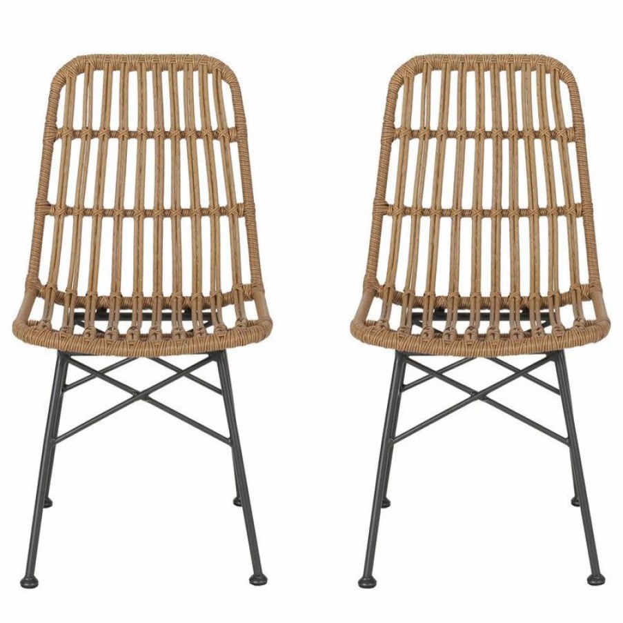 Outdoor Chairs * | Gdfstudio Yilia Outdoor Wicker Dining Chairs, Set Of 2, Light Brown, Black