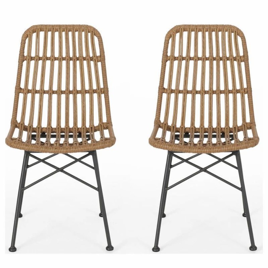 Outdoor Chairs * | Gdfstudio Yilia Outdoor Wicker Dining Chairs, Set Of 2, Light Brown, Black