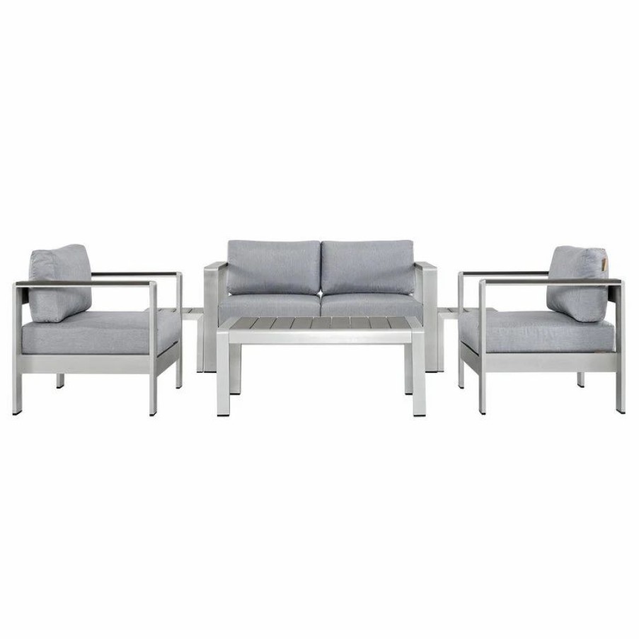 Outdoor Lounge Furniture * | Lexmod Shore 6-Piece Outdoor Aluminum Sectional Sofa Set, Silver Gray