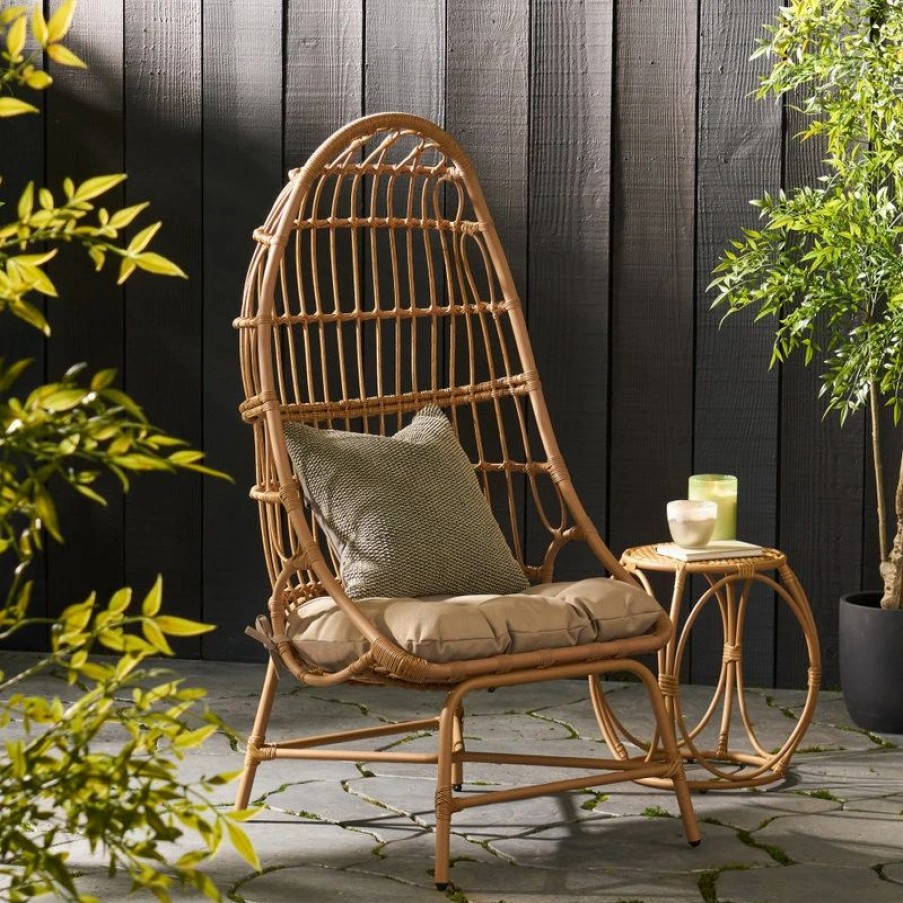 Outdoor Lounge Furniture * | Gdfstudio Cortina Outdoor Wicker Basket Chair With Cushion, Beige/Light Brown