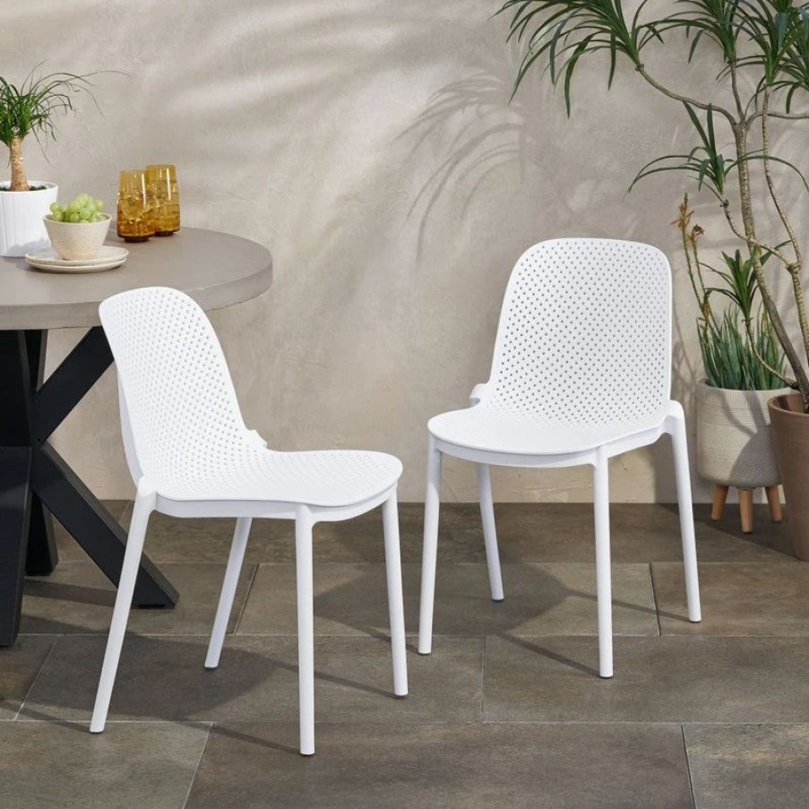 Outdoor Chairs * | Gdfstudio Tafton Outdoor Stacking Dining Chair, Set Of 2, White