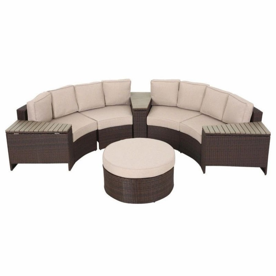 Outdoor Lounge Furniture * | Gdfstudio Mia Outdoor 4-Seater Wicker Curved Sectional Set With Wedge Tables, Beige, Round