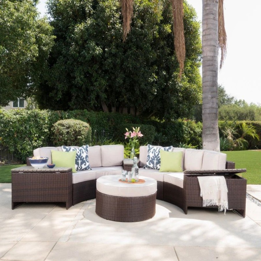 Outdoor Lounge Furniture * | Gdfstudio Mia Outdoor 4-Seater Wicker Curved Sectional Set With Wedge Tables, Beige, Round