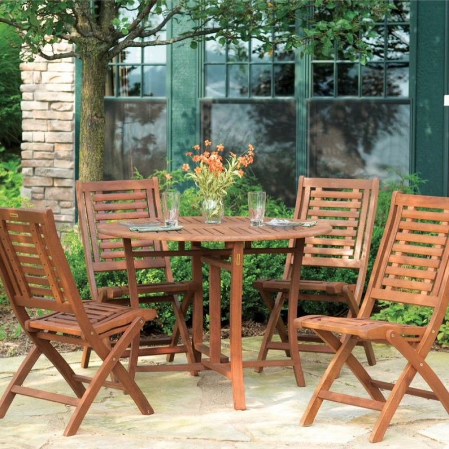 Outdoor Dining Furniture * | Outdoor Interiors 5-Piece 43 Round Eucalyptus Folding Dining Set