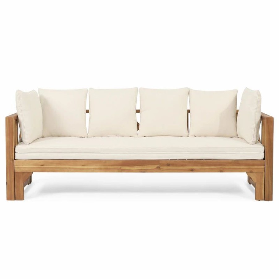 Outdoor Chairs * | Gdfstudio Camille Outdoor Extendable Acacia Wood Daybed Sofa, Beige/Teak Finish