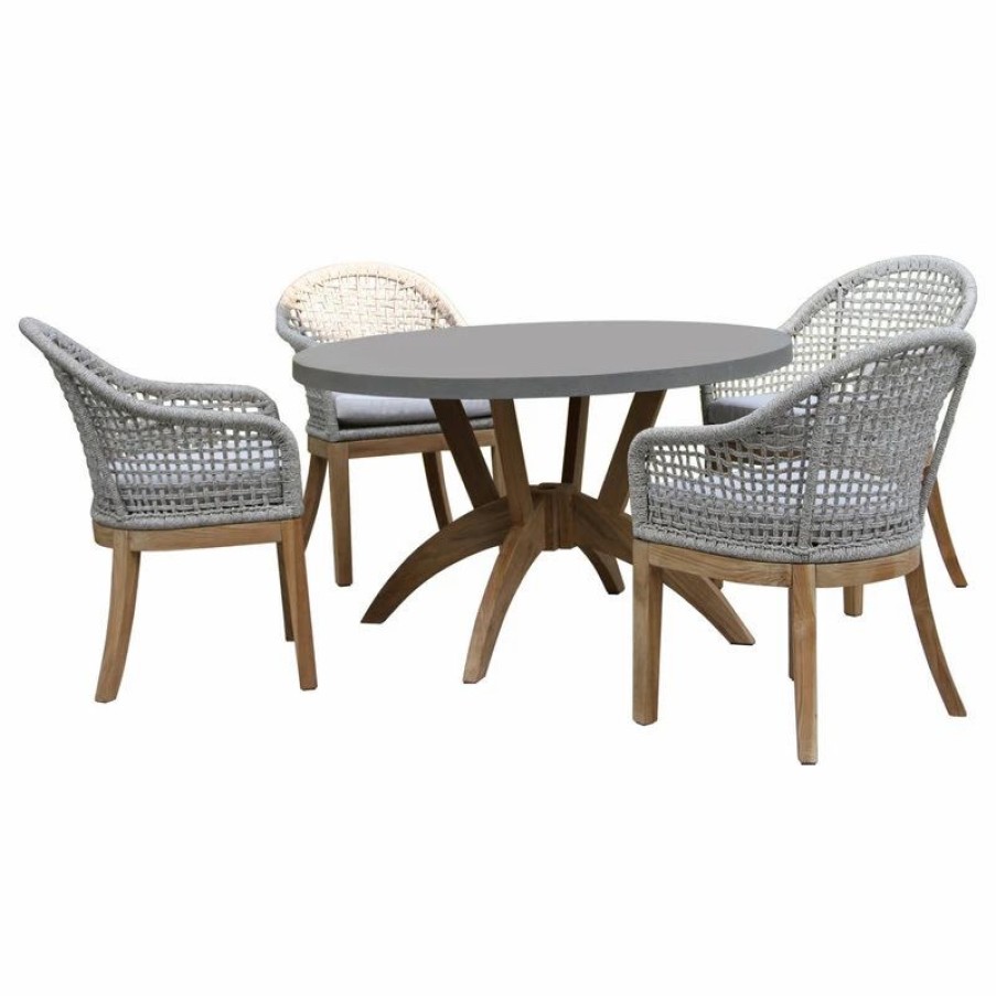 Outdoor Dining Furniture * | Outdoor Interiors 5-Piece Nautical Teak, Rope And Composite Round Dining Set With Sunbrella