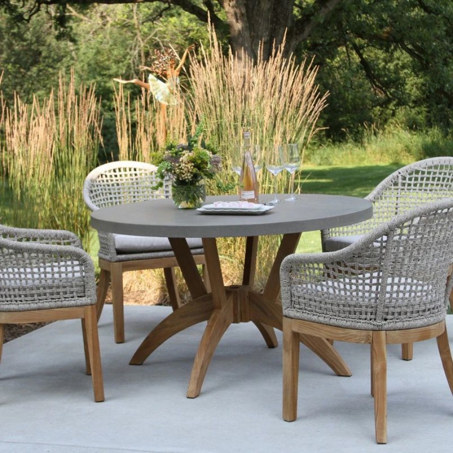 Outdoor Dining Furniture * | Outdoor Interiors 5-Piece Nautical Teak, Rope And Composite Round Dining Set With Sunbrella