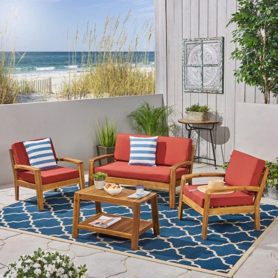 Outdoor Lounge Furniture * | Gdfstudio Gdf Studio 4-Piece Parma Outdoor Wood Chat Set, Red