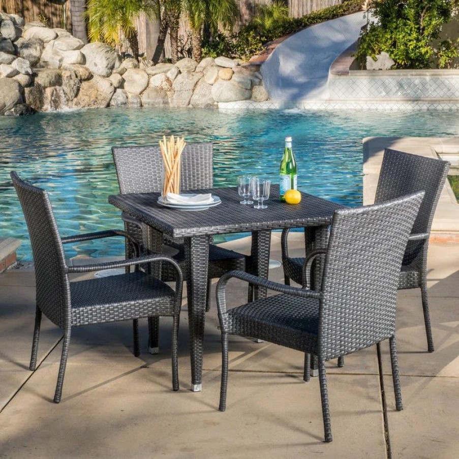 Outdoor Dining Furniture * | Gdfstudio Gdf Studio 5-Piece Antonio Outdoor Gray Wicker Dining Set