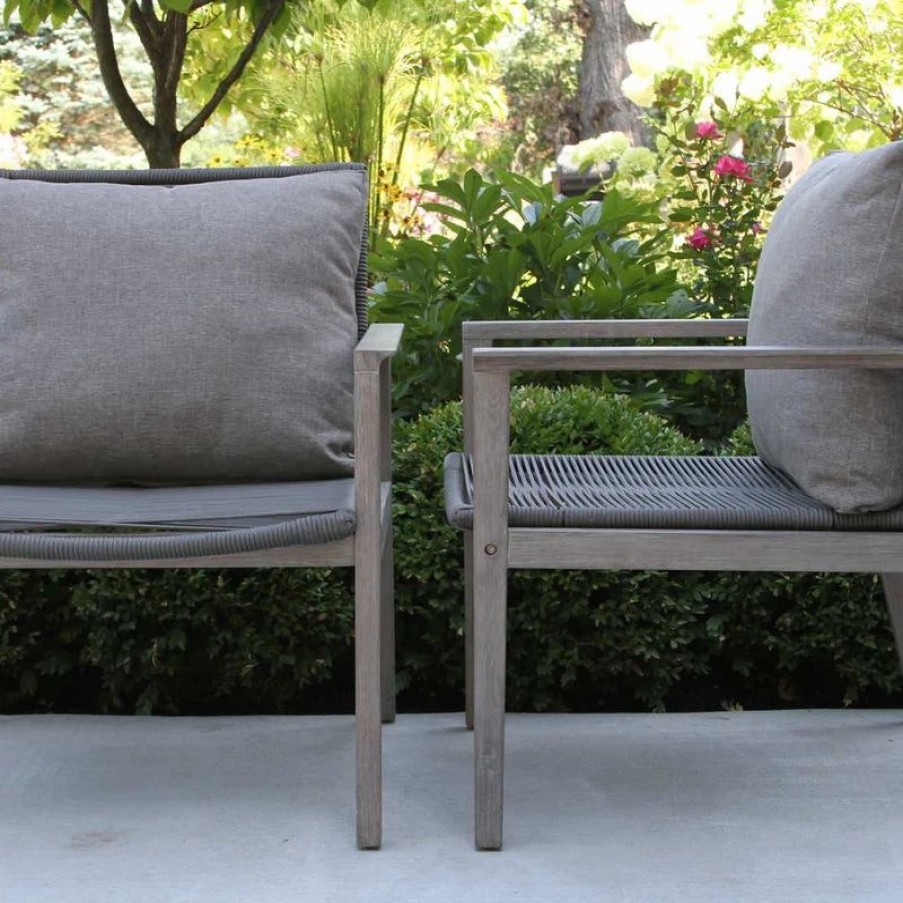 Outdoor Lounge Furniture * | Outdoor Interiors Rope And Gray Wash Eucalyptus Lounge Chair With Olefin Pillow, Set Of 2