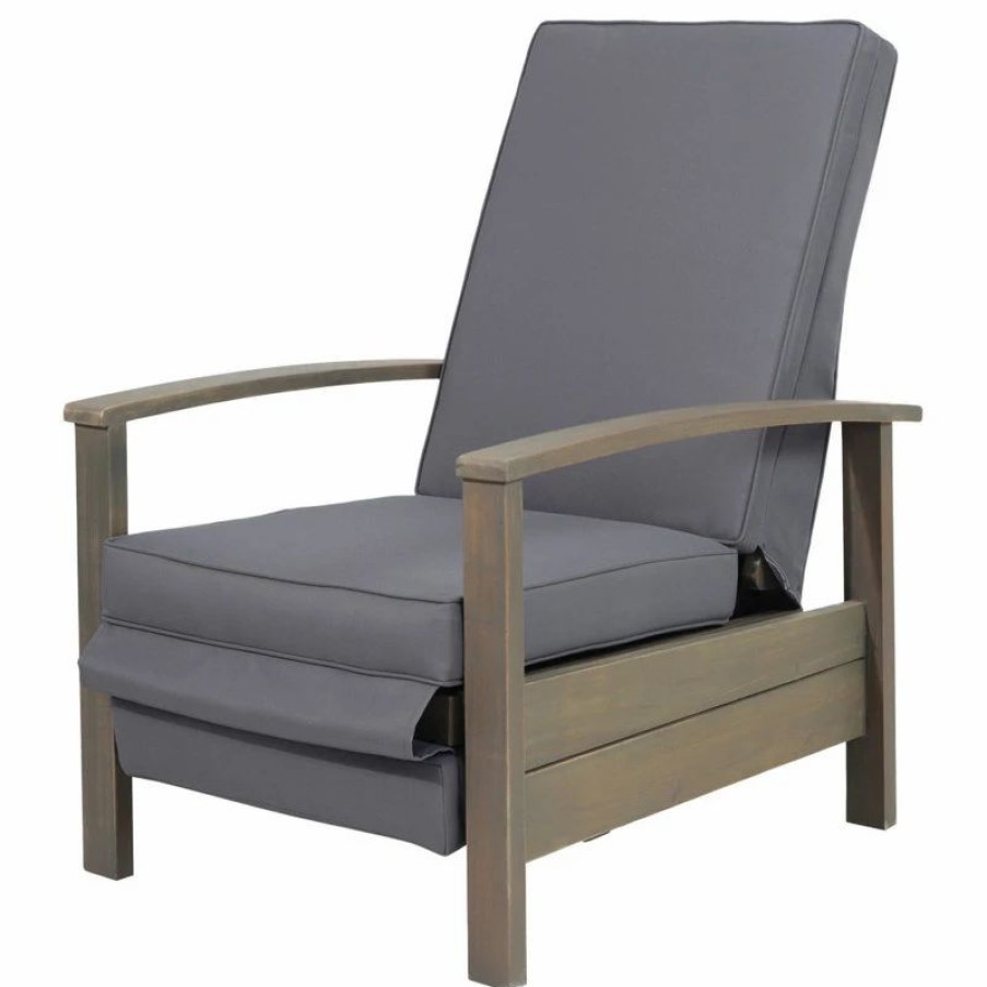 Outdoor Lounge Furniture * | Gdfstudio Mary Outdoor Acacia Wood Recliner With Cushion, Sandblast Gray Finish/Dark Gray