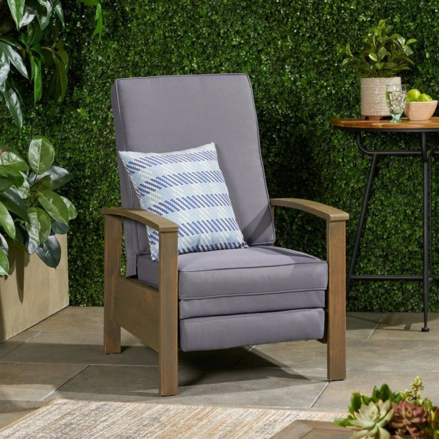 Outdoor Lounge Furniture * | Gdfstudio Mary Outdoor Acacia Wood Recliner With Cushion, Sandblast Gray Finish/Dark Gray