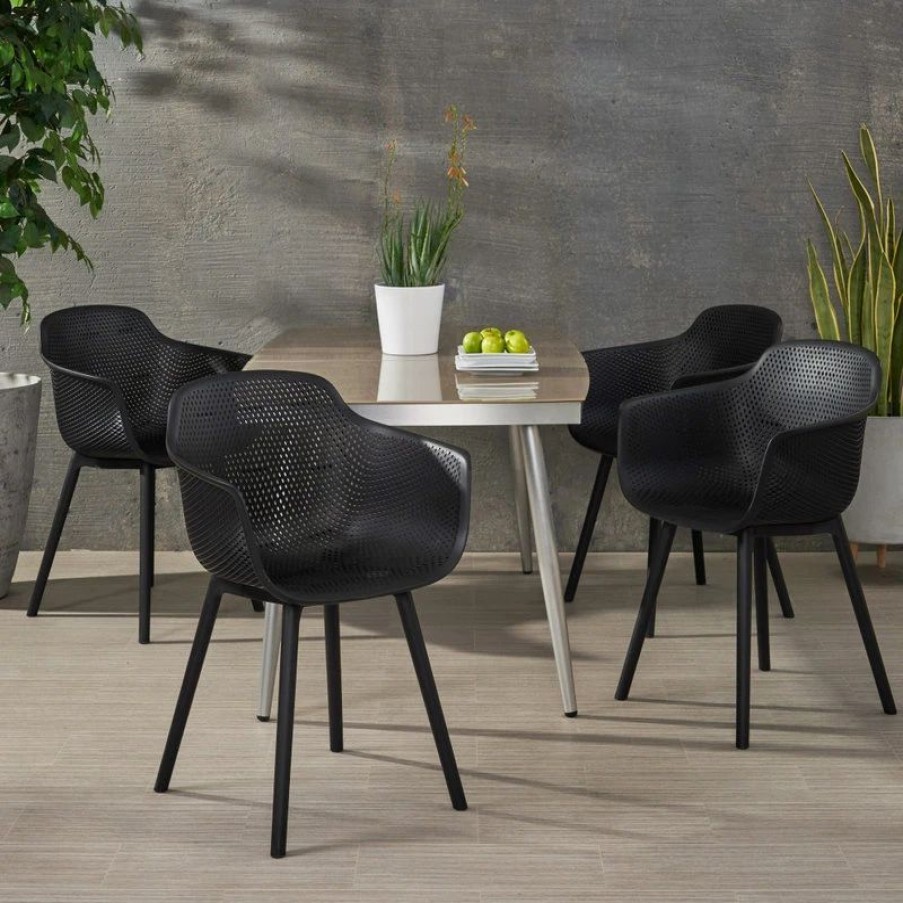 Outdoor Chairs * | Gdfstudio Lotus Outdoor Dining Chair, Set Of 4, Black