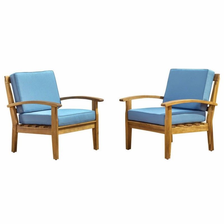 Outdoor Lounge Furniture * | Gdfstudio Gdf Studio Preston Outdoor Wooden Club Chairs, Blue, Set Of 2