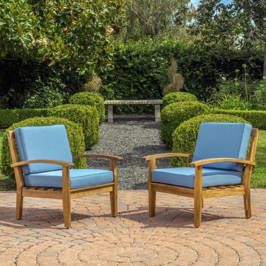 Outdoor Lounge Furniture * | Gdfstudio Gdf Studio Preston Outdoor Wooden Club Chairs, Blue, Set Of 2