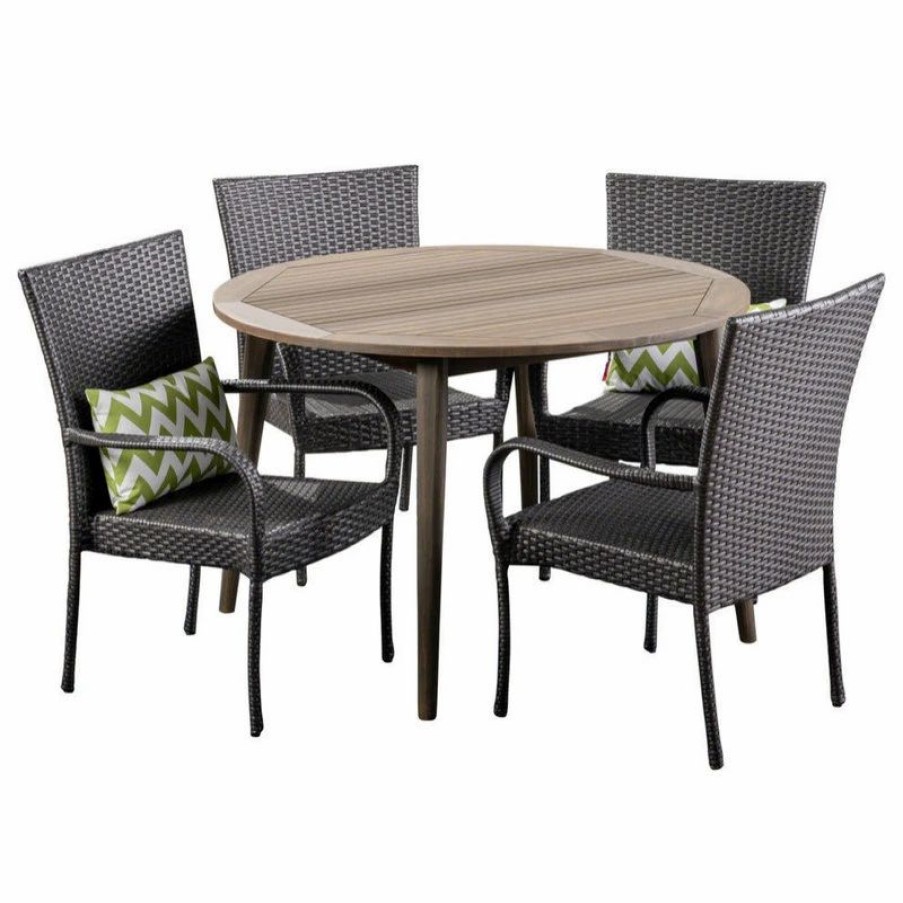 Outdoor Dining Furniture * | Gdfstudio Gdf Studio 5-Piece Ivey Outdoor Wood And Wicker Dining Set, Gray Finish/Gray