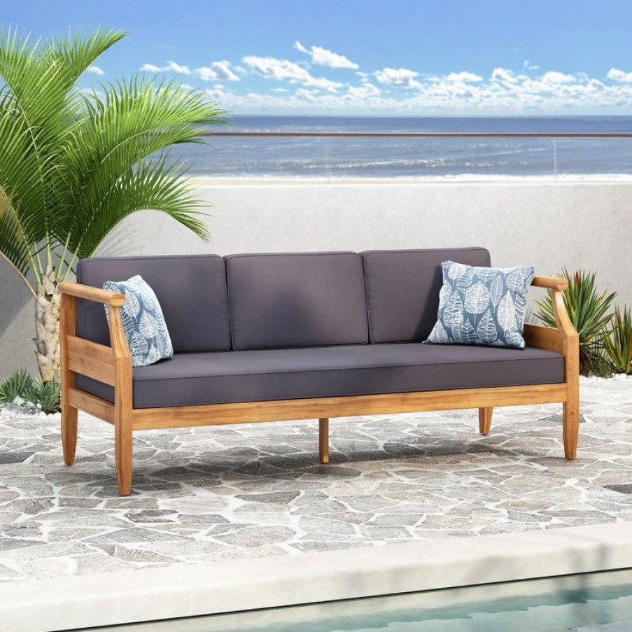 Outdoor Lounge Furniture * | Gdfstudio Bianca Outdoor Mid-Century Modern Acacia Wood 3 Seater Sofa, Teak/Dark Gray