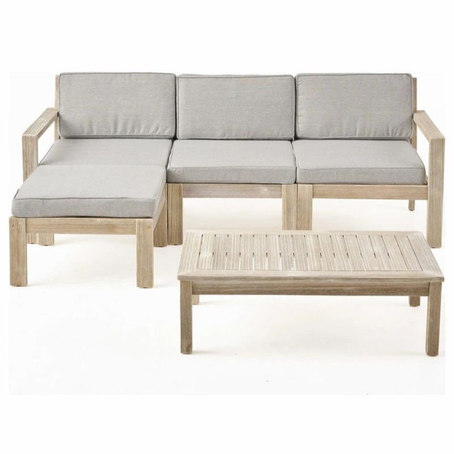 Outdoor Lounge Furniture * | Gdfstudio Isabella Ana Outdoor 3-Seater Acacia Wood Sofa With Cushions, Gray