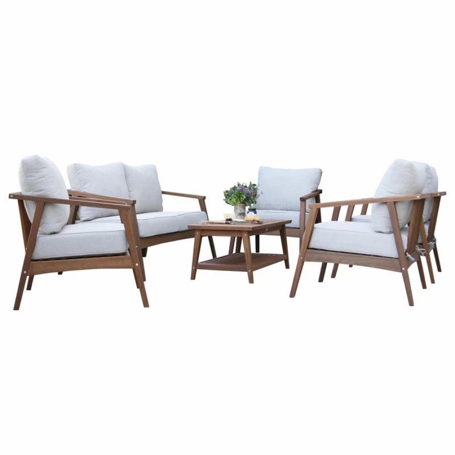 Outdoor Lounge Furniture * | Outdoor Interiors Eucalyptus 6-Piece Modern Seating Group With Coffee Table