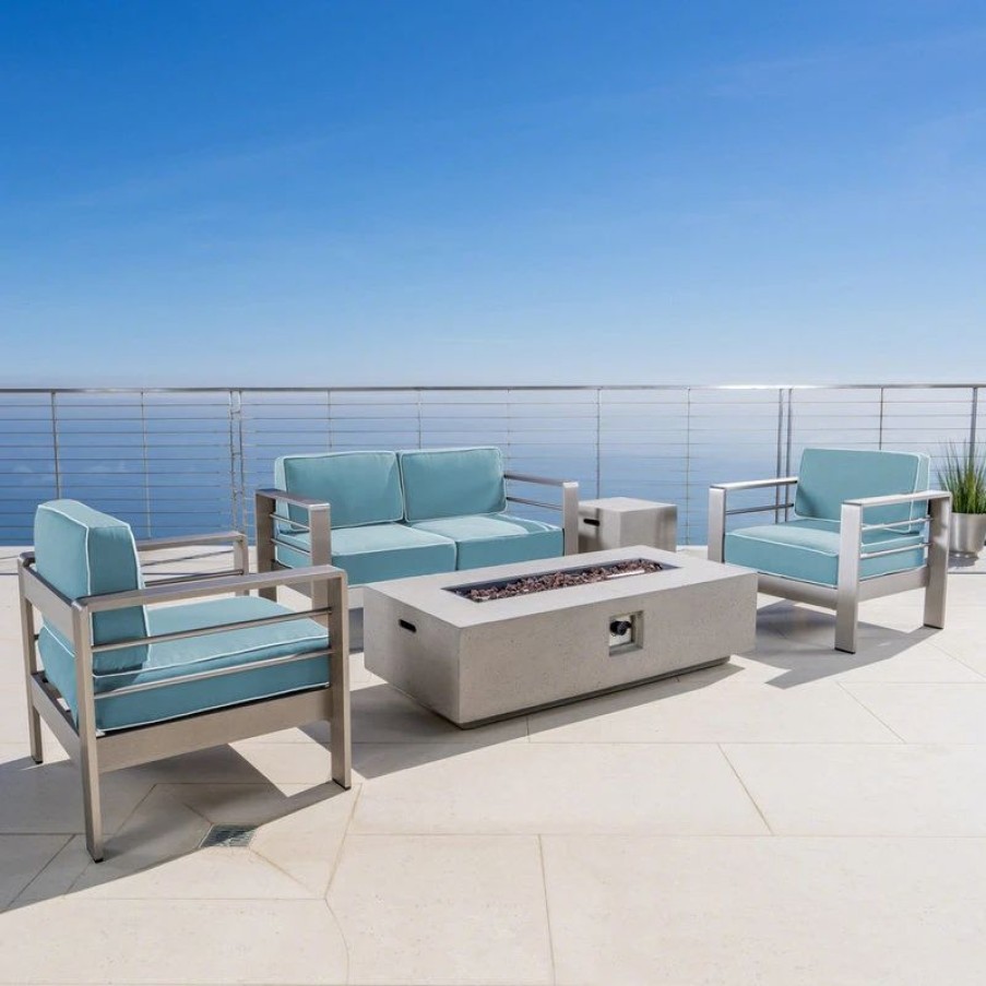 Outdoor Lounge Furniture * | Gdfstudio Gdf Studio 5-Piece Crested Bay Aluminum Chat Set With Cushions, Light Gray Fire