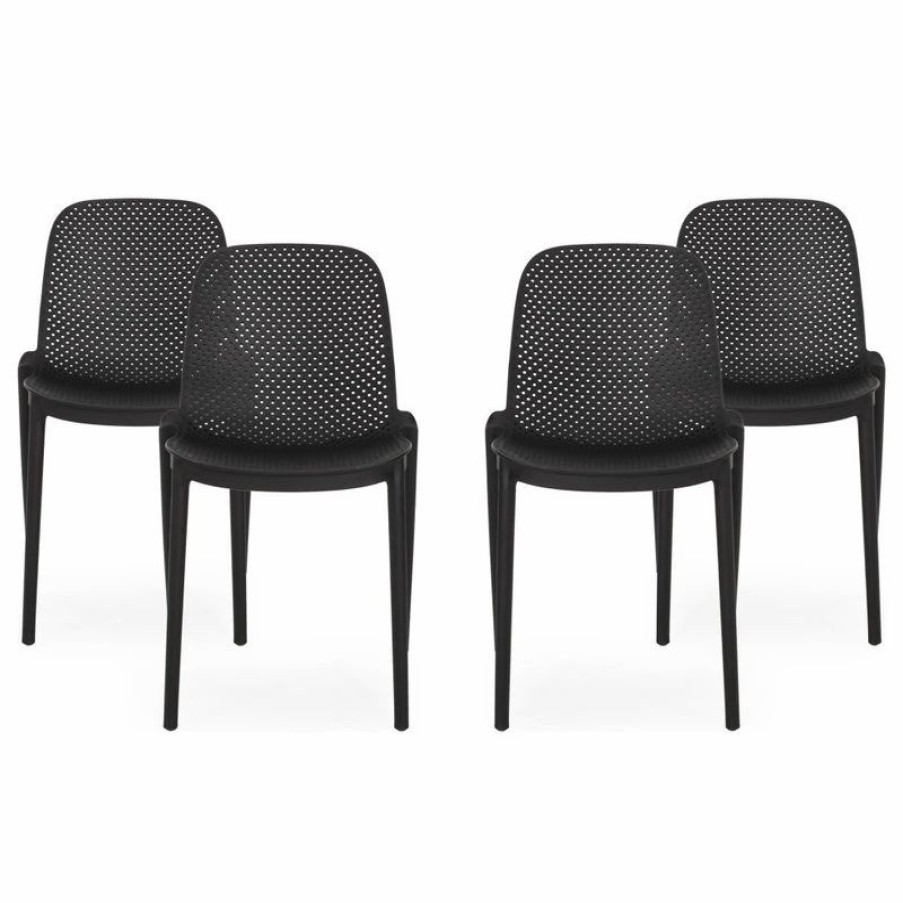 Outdoor Chairs * | Gdfstudio Tafton Outdoor Stacking Dining Chair, Set Of 4, Black