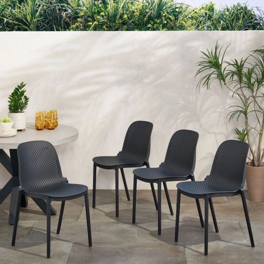 Outdoor Chairs * | Gdfstudio Tafton Outdoor Stacking Dining Chair, Set Of 4, Black